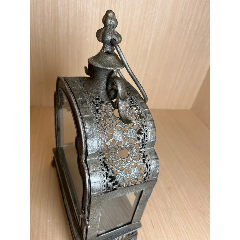 Vintage Moroccan Style Ornate Silver Metal Glass Filigree Candle Lantern Holder